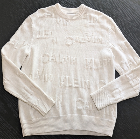Calvin Klein Like New Men Wool Logo Sweater Size L Off White Crew Neck Pullover - Picture 2 of 14
